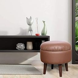 KICA Faux Leather Foot Stool for Living Room,Sitting Cum Storage Round Upholstery Ottoman Stool with Wooden Feet,Footrest Pouf Seat Dressing Table Stool-Size-16x16x16 Inches-Beige-image-80