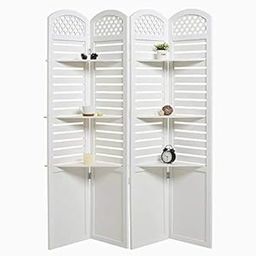 MODERN LIVING Crafts Decorative & Hand Crafted Wooden Room Divider Screen Wooden Partition with Three Display Shelves Room Separator (72"x18")(White)-image-5