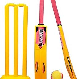 Ute Sports Plastic Cricket Kit Set/3 Stumps With One Base And Cricket Bat & Ball (Kids) 6-9 Year Boys (Yellow) Size-3-image-2