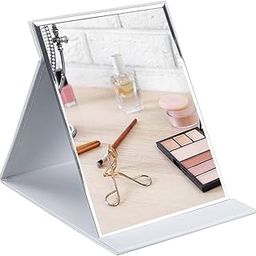 SG-Mart Portable Rectangular Folding Makeup HD Mirror with PU Leather Back for Desktop Adjustable Stand for Travel, Vanity Table, Camping, Beauty Gifts Easy to Carry (White)-image-17
