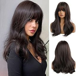 OSEN Heat Resistant Synthetic Wigs with Bangs for Daily Party Cosplay Wear Natural Black Brown 30 Inches Wig for Women (2 wig cap, 1 carry pouch)-image-2
