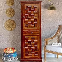 TANNU Handicraft Solid Sheesham Wood Tall Cabinet with 2 Doors for Living Room Bedroom Kitchen Storage | Handcrafted Wavy Pattern | 70x21x16 Inch Wooden Storage Almirah-image-87
