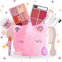 Linivya Kids Real Makeup Kit for Girls & Teens | 18-Piece Washable Makeup Set with Unicorn Fur Multicolor Bag | Safe & Non-Toxic Birthday Gift for Ages 6-16-28