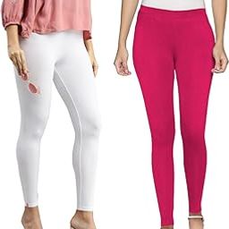 Women's Cotton Lycra Ankle Length Leggings, Pack of 2 & 3, High Waist, Elastic Waistband, Black White Beige Pink (Combo of Leggings)-image-85