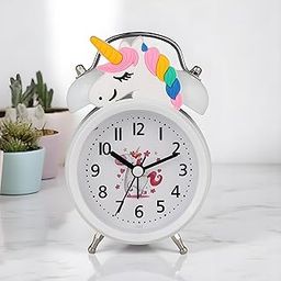 De'rons Twin Bell Analog Table Alarm Clock for Heavy Sleepers with Backlight Alarm Clock for Study Table Funny Cute Cartoon Unicorn Shape Alarm Clock for Girls Kids Boys Bedroom 9 x 13.5 cm (White)-image-20