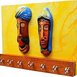 G1E INDIA G1E Handcrafted Wooden Decorative Terracotta Couple Mask Key Holder For Home And Office With 7 Hooks And Wall Mount Screws. (Golden Yellow)-image-92