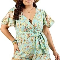 Women Plus Size Floral Printed V-Neck Flared Sleeves Back Keyhole Waist Tie-Up Mini Jumpsuit-image-52