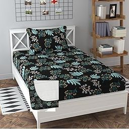 Soniasaa® Prime Collection Cotton-Mix Fitted Single Bedsheet with 1 Pillow Cover for Single Bed with All Around Elastic 238 TC Size - 72X36X6 Fit Upto 6 Inches Mattress Color Black-22
