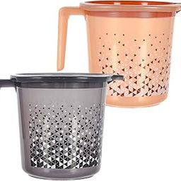 Kuber Industries Tinted Print Multiuses Lightweight, Unbreakable Plastic Bathroom Mug 1.5 litre Pack of 2 (Beige & Black)-46KM0244-23