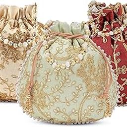 Kuber Industries Pack of 3 Potli Bags for Ladies & Girls | Shagun Pouches for Festive Seasons | Embroidery Bridal Purse -Cream, Maroon & Green-image-47
