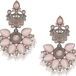 Pink Silver Oxidised Stones & Beads Traditional Dangle Earring For Women-ZPFK16702-18
