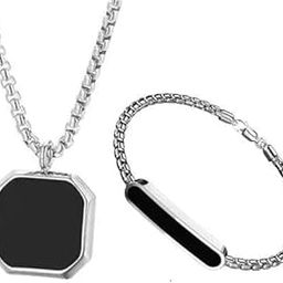 Black Silver Chain For Men Boys Geometric Stainless Steel Black Silver Locket Pendant Necklace Chain with Classy Bracelet For Men Boys Love Gifts Combo-image-7