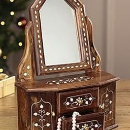 Handcrafted Wooden Mini Dressing Table for Storage Jwellery with White Brass Work Design (White Brass Work Design)-image-46