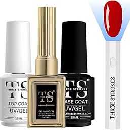 THR3E STROKES Professional UV Gel Nail Polish Hema-Free 3Pcs 15ml Red Gel Polish No.45, Top Coat, Base Coat, UV Nail Dryer, Lasts Upto 28 Days, Super Glossy Finish, Non-Chipping, Non-Smudging, Quick Drying Nail Polish Manicure Set(CTB45)-96