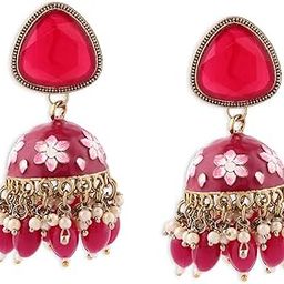 Rani Pink Meenakari Stone & Cluster Beads Embellished Yellow Gold Jhumki Earring For Women-ZPFK14919-image-17