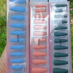 Professional Press-On Nails Set, 12 Pieces Each, Blue Pink Green Colours, Long Coffin Style-image-90