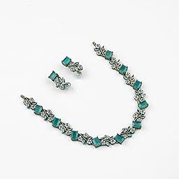 Elegant Crystal Necklace and Earring Set, Turquoise Blue Gemstones with Pearl Drop, Gold-Toned-3