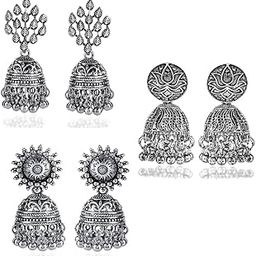 Earrings for Women & Girls | Traditional Silver Oxidised Jhumka | German Silver Oxidized Drop Earring Set | Earrings Combo | Accessories Jewellery | Birthday & Anniversary Gift-3
