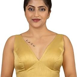 Women's Dupion Raw Silk Sleeveless V Neck Sabyasachi Cut Readymade Saree Blouse Padded Stitched Lining Designer Indian Festive Blouse | S4-image-9
