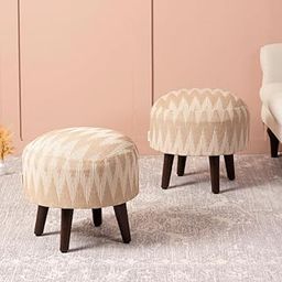 nestroots Set of 2 Wooden Ottoman Stools for Living Room | Printed Pouffes for Sitting, Foot Rest with 4 Wooden Legs | 14 Inch Height, Beige | Stylish & Comfortable Furniture for Home Décor-image-15