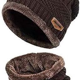 Warm Knitted Fur Lined Winter Beanie Cap Neck Scarf Set for Men and Women (Brown)-image-98