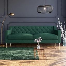 THE CRAFTED STORE - Modern Button Tufted 3-Seater Sofa, Velvet Upholstery, Cushion Seat Flared Arms, Wooden Legs, Sofa for Living Room, Bedroom, Hallway. (Dark Green)-image-61