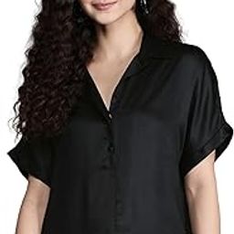 Black Casual Short Sleeves Buttondown Collar Solid Satin Shirt for Women-image-18