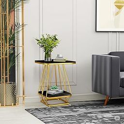 SOURAV'S COLLECTION Modern Side Table with Gold Metal Frame, 2-Tier Storage Shelves, Black Glass Top, Geometric Design Side Table for Living Room Bedroom and Balcony (Gold Black)-image-59