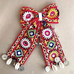 Decorative hair pin Boho Hair Bow with Coins and Shells, Traditional Embroidered Design, Red Multi-Color-image-40