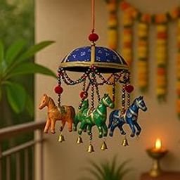Handmade Rajasthani Wind Chime with Umbrella & 5 Horses – Hanging Décor for Balcony, Pooja Room & Gifts-image-43