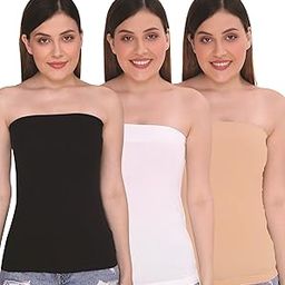 Nylon Strapless Casual Style Camisole Long Tube Top For Women, Free Size (Pack Of 3) Black/Beige/White-image-32