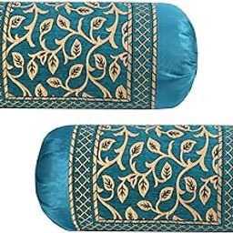 Outlay Home Decorative Valvet Bolster Pillow Covers, Set of 2, Gold Leaf Pattern (Sky Blue)-image-26
