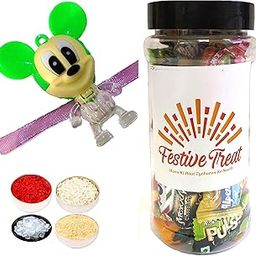 Mickey Mouse LED Rakhi for Kids, Festive Treat Jar Gift, Personal Message & Roli Chandan Chawal Mishri Pack for Little Small Bhai Bhaiya Brother-image-75
