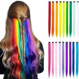 MYSELF Multi Colored Clip Hair Extensions, 22 inches, Colorful Straight Synthetic Hair, Pack of 3, for Women and Kids, Party Highlights Streak-image-34