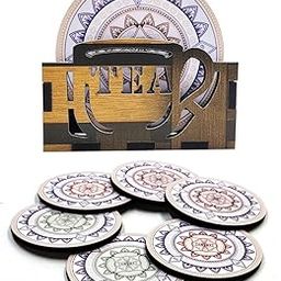 Woodkey Wooden Coaster Set of 6 with Stand ? Mandala Design, Perfect for Tea Cups, Coffee Mugs, Glasses | Mandala Tea Coasters, Dining Table Accessories (3.5 x 3.5 Inch) W101-image-23