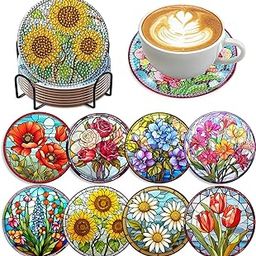 FOXKISS 8 Pieces Flowers Diamond Art Coasters Diamond Painting Coaster Kits with Holder Flowers DIY Coaster for Beginners Adults Diamond Art Craft Accessories Flowers-image-66