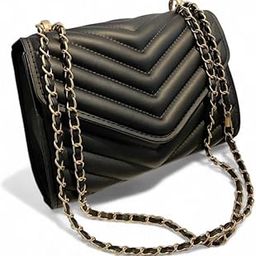 Quilted Chevron Pattern Shoulder Bag with Chain Strap, Black Faux Leather, Classic Design-image-15