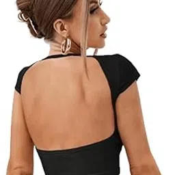 aahwan Solid Slim Fit Tee Backless Western Stylish Short Sleeve Ribbed Crop Top For Women's & Girls-picture-30