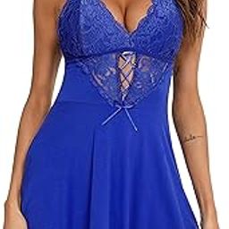 Womens Soft Modal & Floral Lace Nightgowns Babydoll Lingerie Set Cross Adjustable Straps Night Dress Multicolor-image-4
