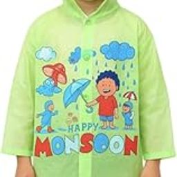 Kid's Girl's PVC Full Sleeve With Hooded Happy Monsoom Print Plain Raincoat(Green)-(Pack of 01) (Multisize)-picture-12