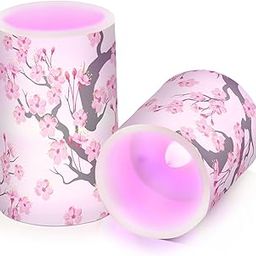 JJoias Pink-sakuras-Branch-Print Color Changing Flameless Pillar Candles with Remote/Timer, Battery Operated Warm Light/Flickering ‎Candle for Home Decoration Gifts, Set of 2-image-97