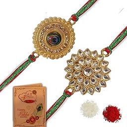 Rakhi For Men| Elegant Kundan Gold Plated Matel Rakhi| For Brother Bhai Rakhi With With Roli Chawal and Greeting Card (Set of 2 Rakhi)-13