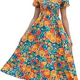 | Dress for Women | Floral Print Midi Dress | Off Shoulder & Beautiful Smocked | Ideal for Casual, Work Beautiful Floral Design| Fllatering Fit-image-1