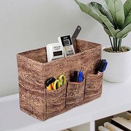 Kuber Industries Stationary Box | Non-Woven Files Organizer for Office | Desk Organizer | Stationary Organizer for Kids Room with 3 Compartment | Storage Box | Small | Wooden-93