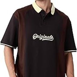 Originals: Dark Brown Men and Boys Short Sleeves Polo Collar Cream Colour Block Cotton Oversized T-Shirts-image-46