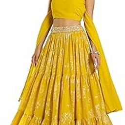 Women's Yellow Georgette Embellished Foil Printed Tiered Ready To Wear Lehenga Choli Set-picture-19