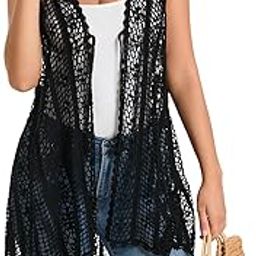Women's Crochet Vest Lightweight Boho Hollow Lace Cover up Floral Sleeveless Cardigan-image-14