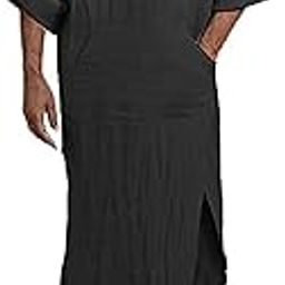 Men's Cotton Linen Arabic Robe V-Neck Long Sleeve Abaya Robe Side Split Casual Kaftan Thobe with Pockets-image-3