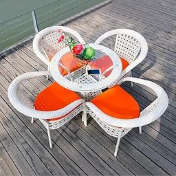 IKAE D-15 Chairs Table Set 4+1 Wicker Patio Furniture Sets 4 Chair and 1 Table with Cushions for Garden Balcony Bedroom Powder Coated Frame Uv Protected Wicker (White+Orange)-image-104