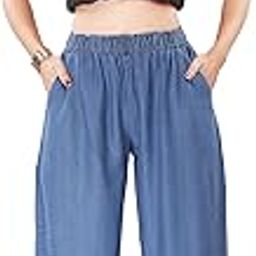 Aprika Cotton Denim Palazzo with 1.5" Elastic Waist for Women Blue Color-image-28